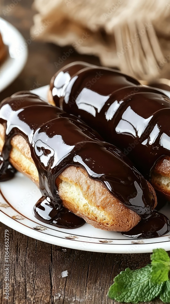 Freshly Baked Eclairs with Rich Chocolate Sauce Freshly Baked Eclairs with Rich Chocolate Sauce