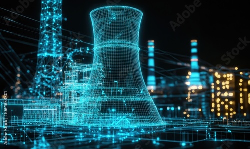 Digital Wireframe Model of Cooling Tower with Network of Lights
