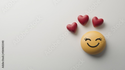 A content emoji with eyes gently shut and a soft smile, surrounded by three hearts, designed on a white backdrop with well-defined lines, offering a clean, shadow-free look for various digital 