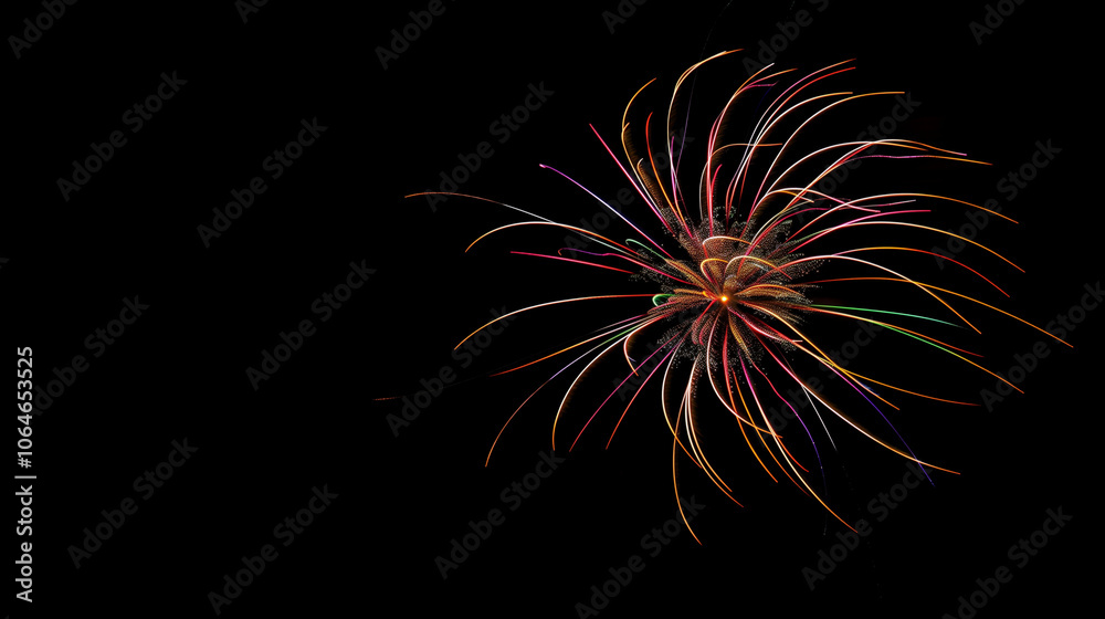 Vibrant fireworks display against dark night sky symbolizing new beginnings, dynamic burst of light captured with wide-angle lens, ample copy space for text or design elements. 