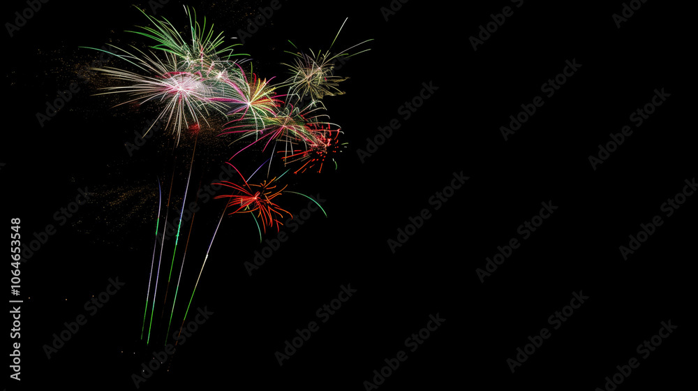 Vibrant fireworks display against dark night sky symbolizing new beginnings, dynamic burst of light captured with wide-angle lens, ample copy space for text or design elements. Vibrant fireworks display against dark night sky symbolizing new beginnings, dynamic burst of light captured with wide-angle lens, ample copy space for text or design elements.