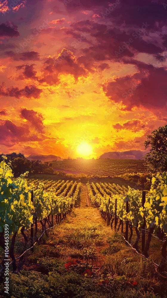 Naklejka premium Sunset Over Picturesque Vineyard Landscape