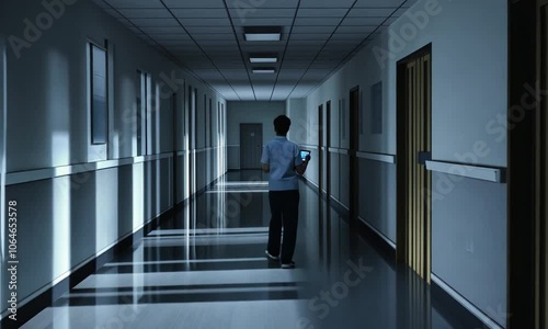 Wallpaper Mural A boy stands in a dimly lit hallway, absorbed in a device amidst shadows and light. Torontodigital.ca