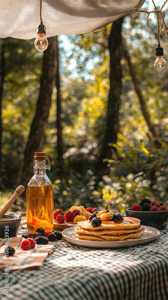 Outdoor Brunch Setup with Fresh Pancakes and Berries Outdoor Brunch Setup with Fresh Pancakes and Berries