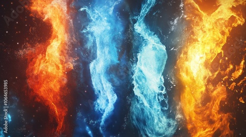 Powerful elemental forces design, blending air, water, fire, and earth in a visually impactful, colorful background photo