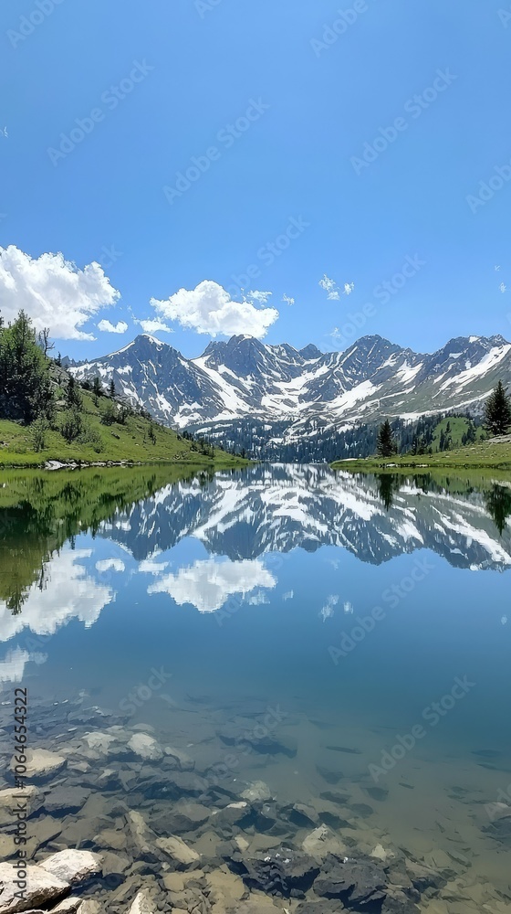 Serene Lake with Mountain Reflections in Clear Sky Serene Lake with Mountain Reflections in Clear Sky