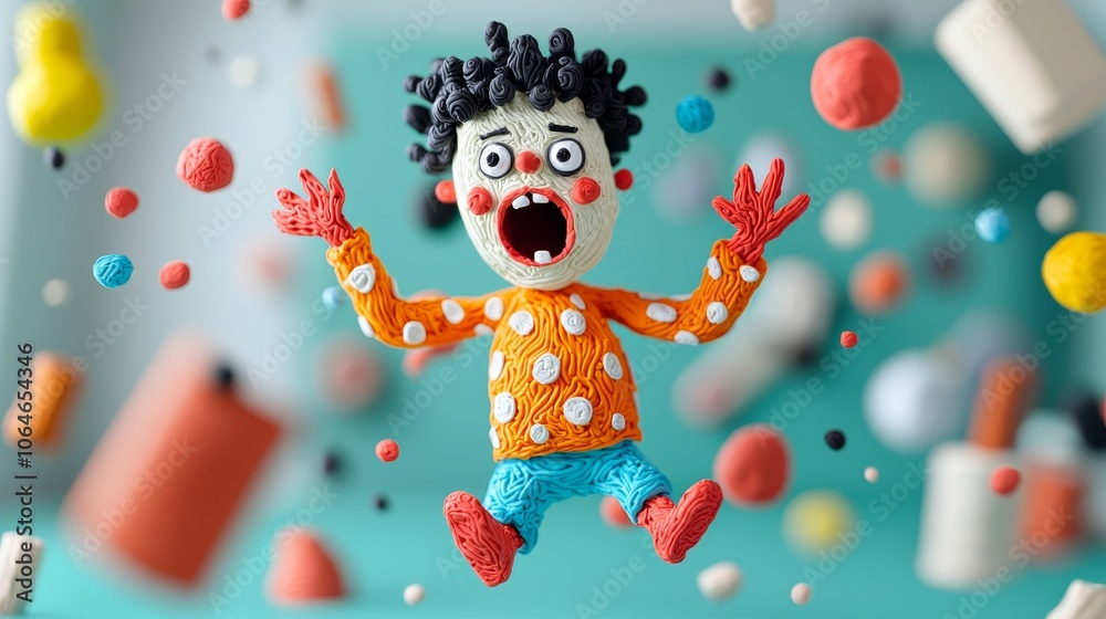 A whimsical claymation character's joyful, surprised leap amidst colorful orbs A whimsical claymation character's joyful, surprised leap amidst colorful orbs