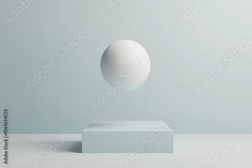 Floating Sphere Above Pale Cube, Minimalist Serenity. A study in simple forms and serene space