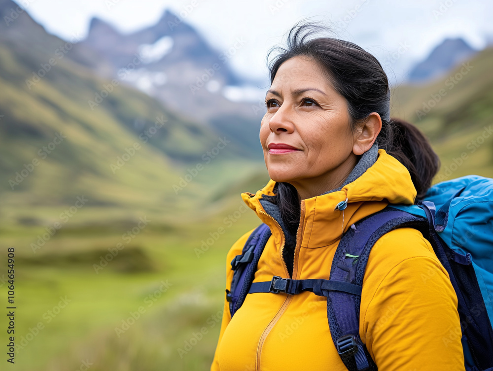 A middle-aged Latina woman hiking in the mountains, vibrant landscape, focus on her determination and connection with nature, room for inspirational quotes. A middle-aged Latina woman hiking in the mountains, vibrant landscape, focus on her determination and connection with nature, room for inspirational quotes.