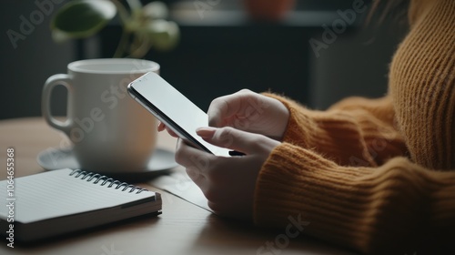 A close-up of a woman's hand using a smartphone while sitting comfortably, with a notebook and a cup of coffee in the background, representing productivity and modern life, ideal for tech and lifestyl