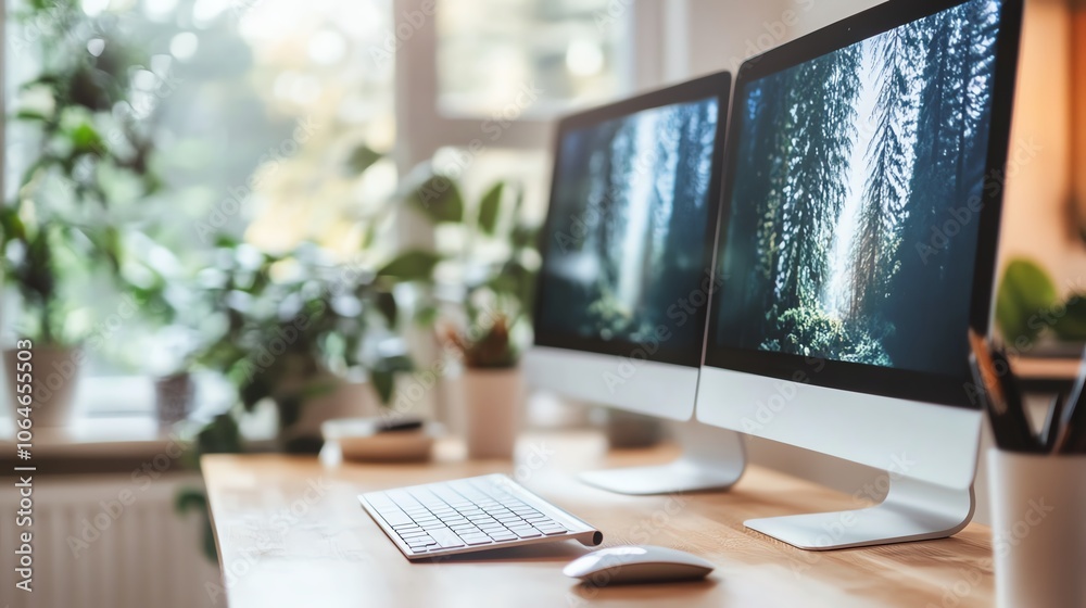 Modern workspace with dual monitors, plants. Modern workspace with dual monitors, plants.