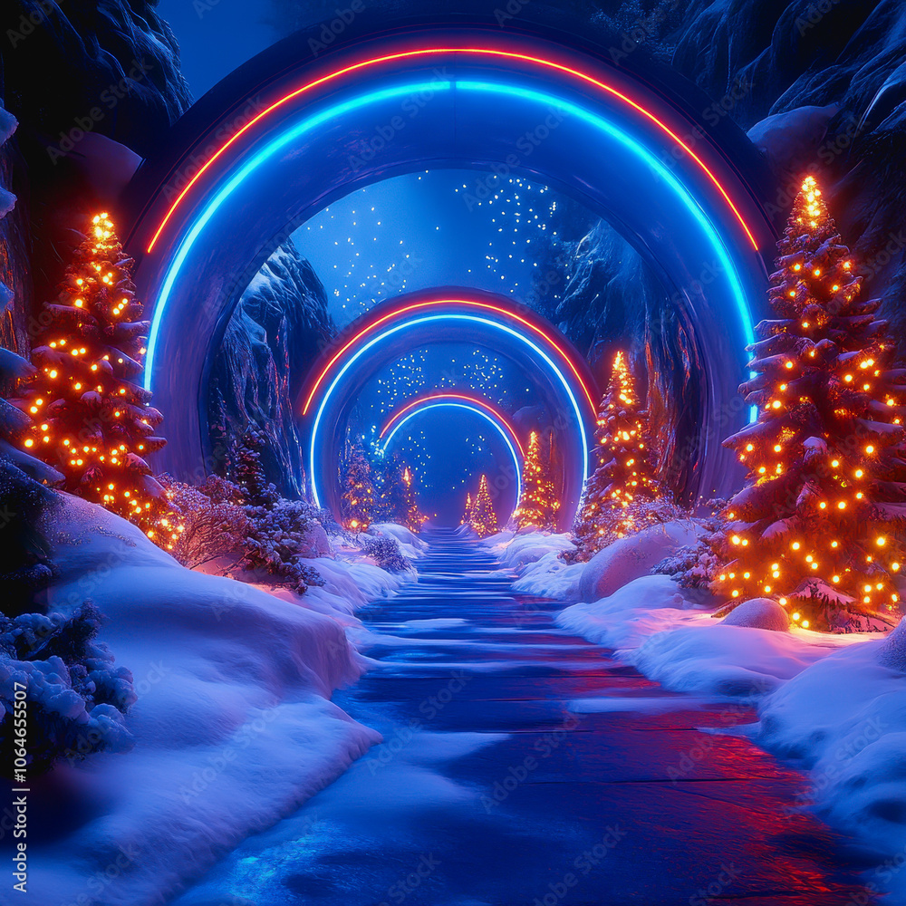 Obraz premium Neon Tunnel in Cyberpunk Style