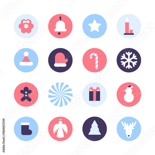 Christmas icons. Geometric elements, minimal holiday icons, ornamental baubles, simple shapes forms. Snowflake, gift, angel, bell, Christmas tree, gingerbread man, angel, snowman. Vector illustration