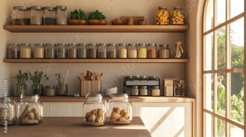 Spices and herbs in glass jars on wooden shelves