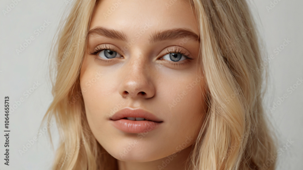 Close-up photo of beautiful blonde model with shiny perfect skin. Beauty makeup commercial cover Close-up photo of beautiful blonde model with shiny perfect skin. Beauty makeup commercial cover