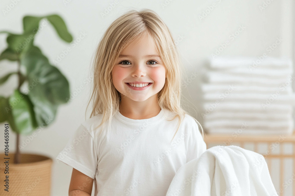 Cheerful Girl Holding a Towel in Bright Room Cheerful Girl Holding a Towel in Bright Room