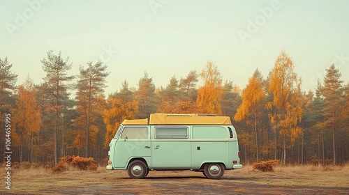 A vintage camper van parked in a field with a forest background.