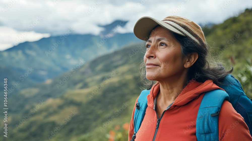 A middle-aged Latina woman hiking in the mountains, vibrant landscape, focus on her determination and connection with nature, room for inspirational quotes. A middle-aged Latina woman hiking in the mountains, vibrant landscape, focus on her determination and connection with nature, room for inspirational quotes.