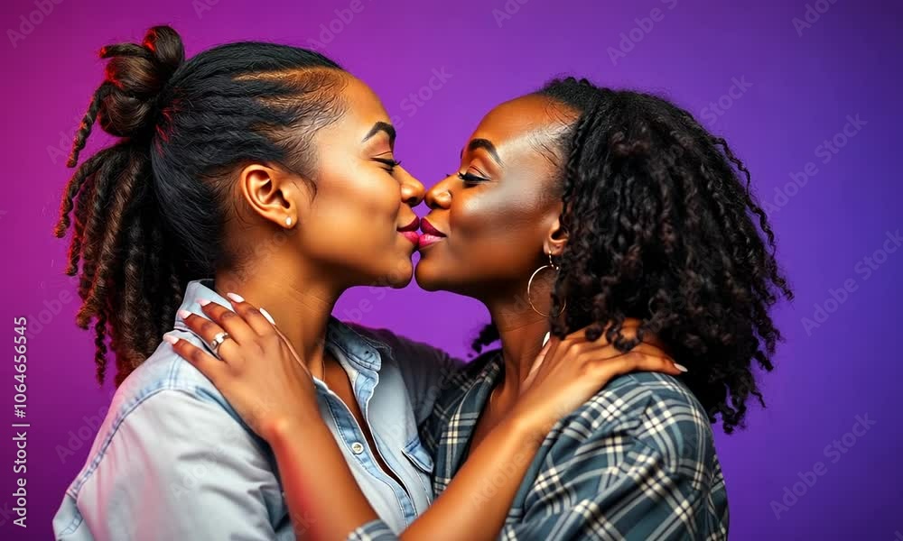 Two women sharing a joyful, intimate moment while embracing in front of a vibrant purple backdrop at sunset