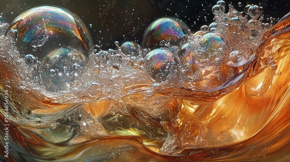 A close-up of a liquid with iridescent bubbles and a wave. A close-up of a liquid with iridescent bubbles and a wave.