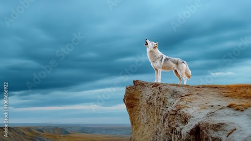 A lone wolf standing on a cliff howling, representing independence and courage in change, Dramatic lighting.
