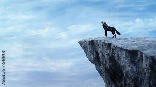 A lone wolf standing on a cliff howling, representing independence and courage in change, Dramatic lighting.