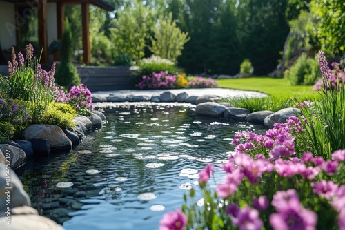 Relax in a peaceful garden where vibrant flowers bloom beside a calm pond reflecting the morning sun, inviting tranquility and nature's beauty