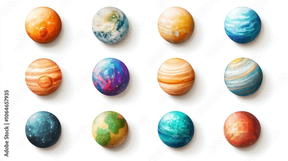 Solar system illustration on white, with each planet represented in order, for a clean and educational look Solar system illustration on white, with each planet represented in order, for a clean and educational look