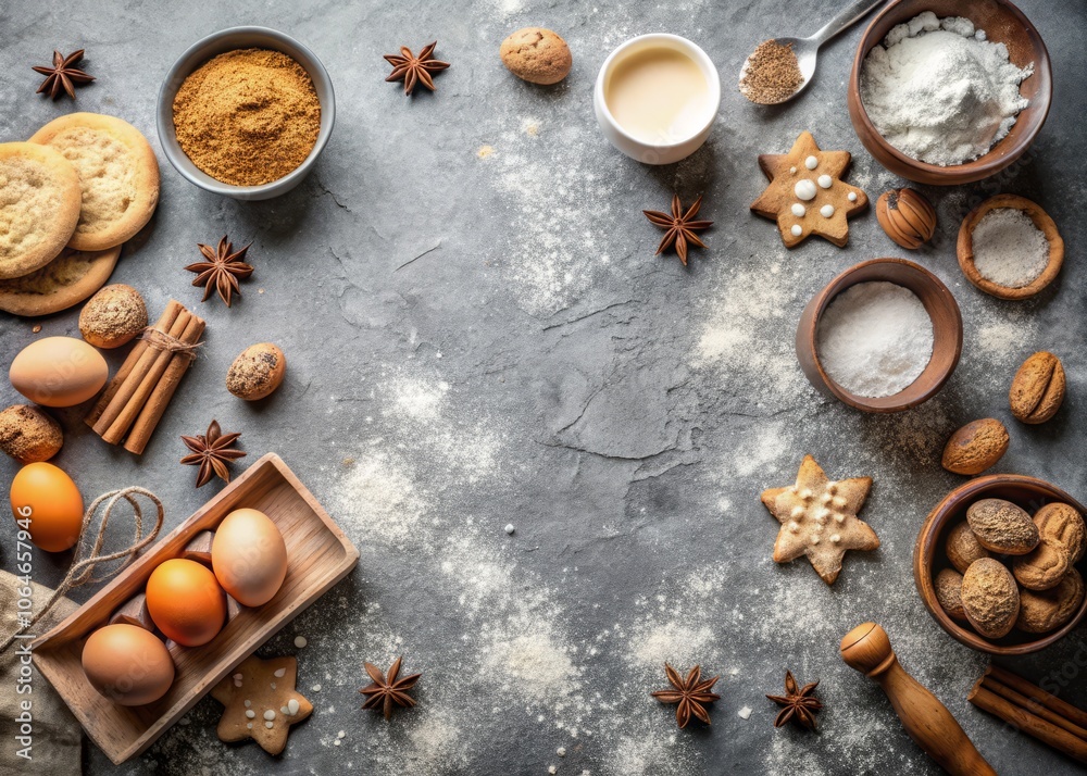 Baking Homemade Cookies on a Gray Kitchen Worktop Surrounded by Ingredients Like Flour, Eggs, Sugar, and Cinnamon - A Culinary Exploration with Overhead View and Copy Space