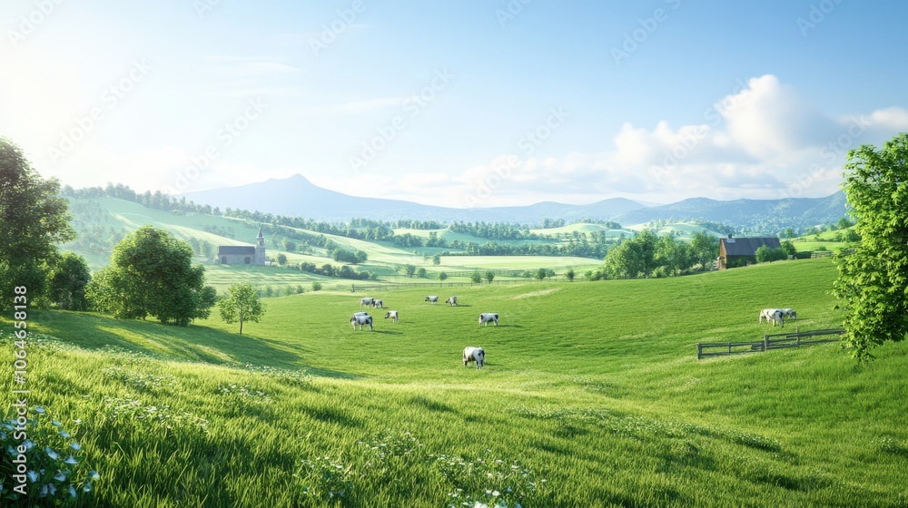 Cows grazing on a lush green pasture with rolling hills, farms, and a mountain range in the background, depicting an idyllic rural landscape concept. Cows grazing on a lush green pasture with rolling hills, farms, and a mountain range in the background, depicting an idyllic rural landscape concept.