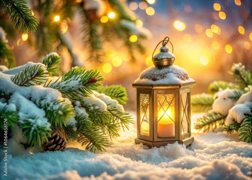 Beautiful Christmas Lantern on Snowy Fir Branch in Sunlight, Capturing the Essence of Winter Decoration and Holiday Spirit in a Serene Outdoor Setting Beautiful Christmas Lantern on Snowy Fir Branch in Sunlight, Capturing the Essence of Winter Decoration and Holiday Spirit in a Serene Outdoor Setting