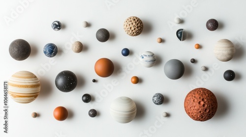Solar system photography with all planets arranged on a white background, a minimalist and educational setup