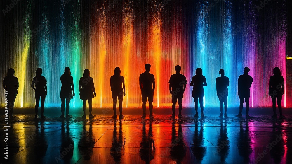 Silhouettes of people standing in front of a colorful fountain display at night. Silhouettes of people standing in front of a colorful fountain display at night.