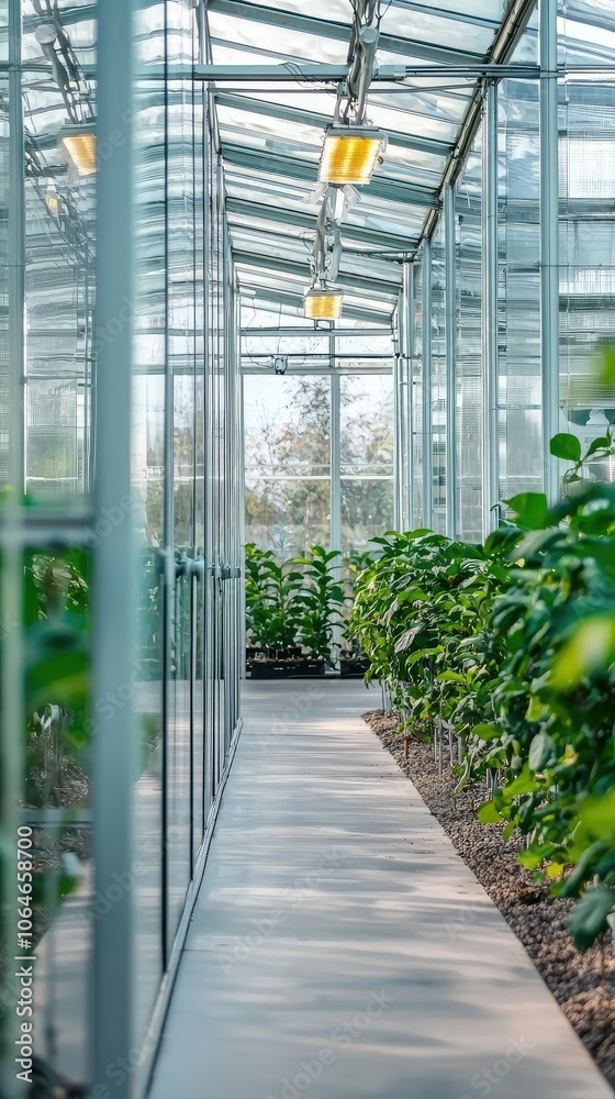 Modern Greenhouse with Glass Walls and Lush Plants Modern Greenhouse with Glass Walls and Lush Plants