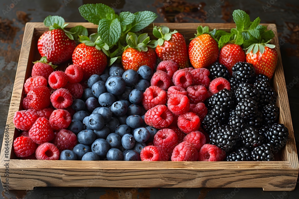 Fresh Berry Medley in Wooden Tray with Mint for Healthy Diet and Decoration Fresh Berry Medley in Wooden Tray with Mint for Healthy Diet and Decoration