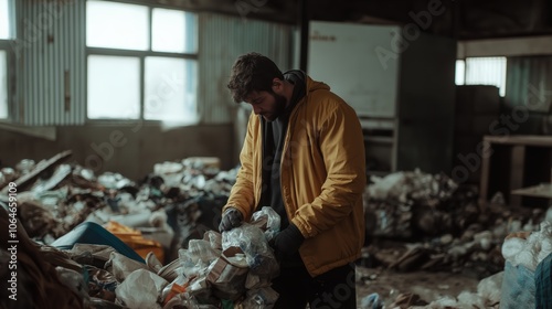 Man in yellow jacket sorting waste materials in warehouse. Environmental recycling awareness content