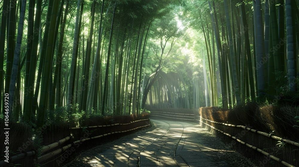 Fototapeta premium Serene Path Through a Lush Bamboo Forest