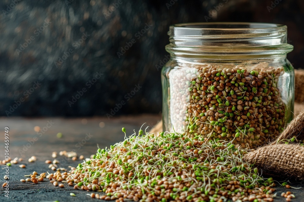Sprouted Seeds in a Glass Jar on a Wooden Surface Sprouted Seeds in a Glass Jar on a Wooden Surface