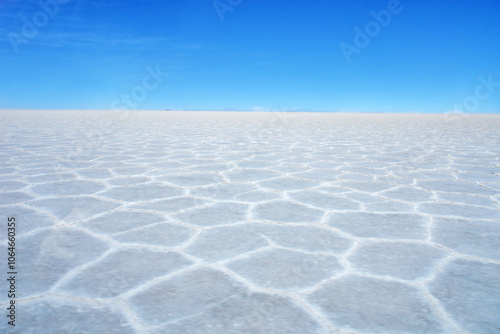 Panorama of the bottom of the dry salt-covered lake Salar de Uyuni in southern Bolivia