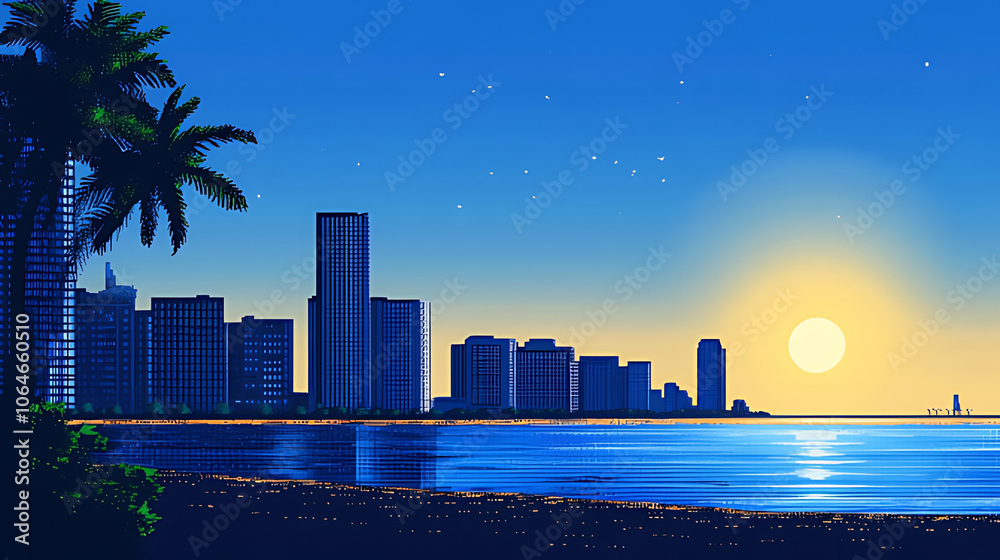Fototapeta premium A vibrant sunset over a city skyline with palm trees and the sun setting over the ocean.