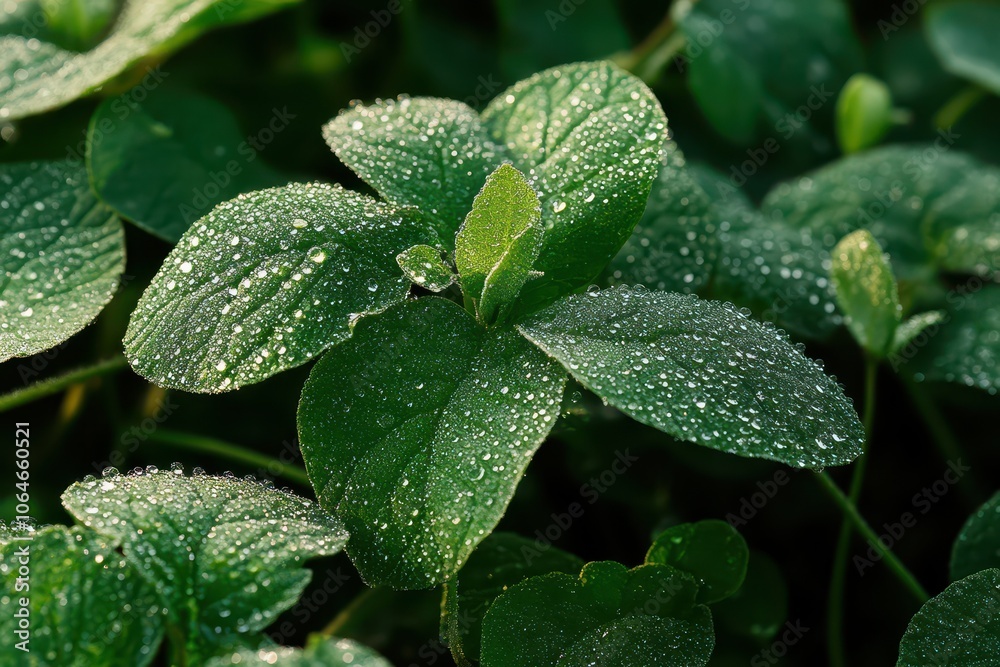 Glittering sunlit dewdrops delicately resting on vibrant green leaves, capturing nature's morning beauty.