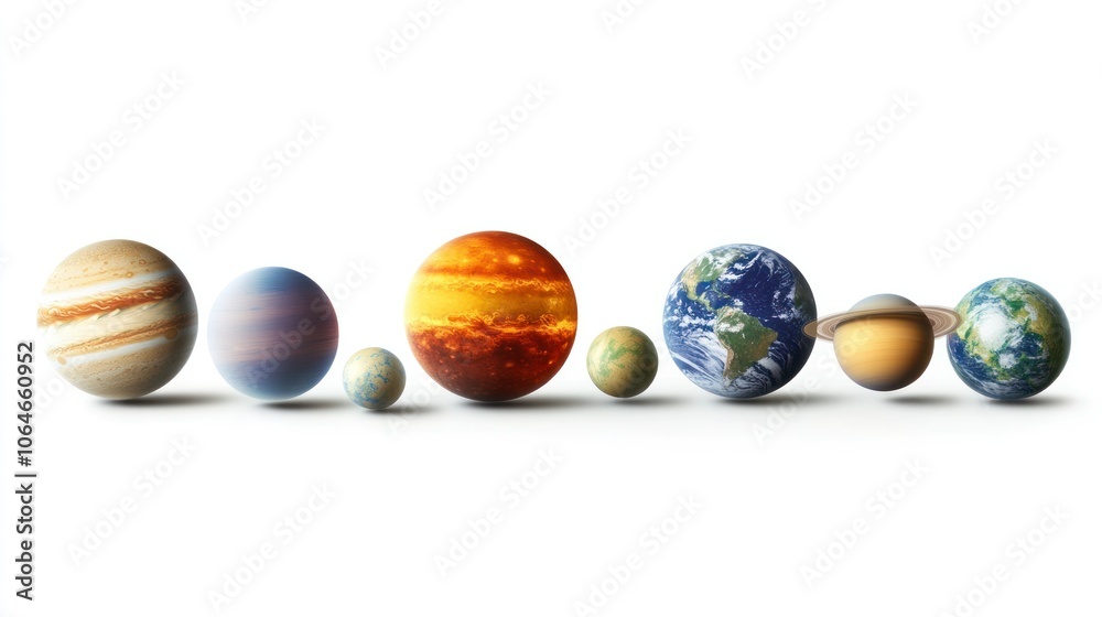 Unique solar system photo with planets arranged on a white backdrop, focusing on clarity and simplicity Unique solar system photo with planets arranged on a white backdrop, focusing on clarity and simplicity