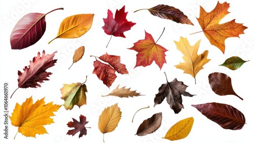 A dynamic arrangement of falling autumn leaves, featuring a mix of different species, against a transparent background, perfect for seasonal graphics, invitations, and promotional content