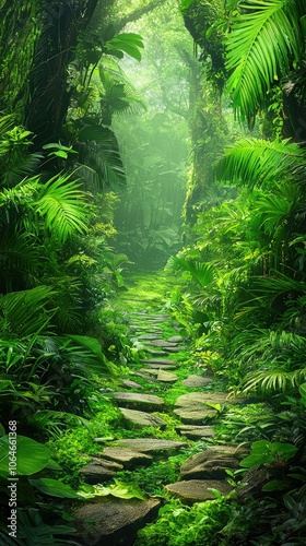 Lush Green Walkway Through Tropical Rainforest