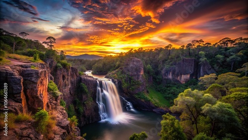 Breathtaking Silhouette of Tolmer Falls at Sunset in Litchfield National Park, Australia, Showcasing Nature's Majestic Waterfall Against a Vibrant Sky photo