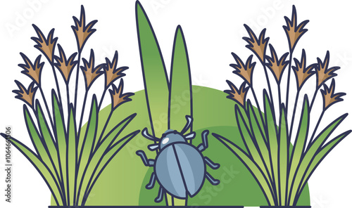 Illustration of a beetle among grasses, symbolizing biodiversity in BeetleBanks.