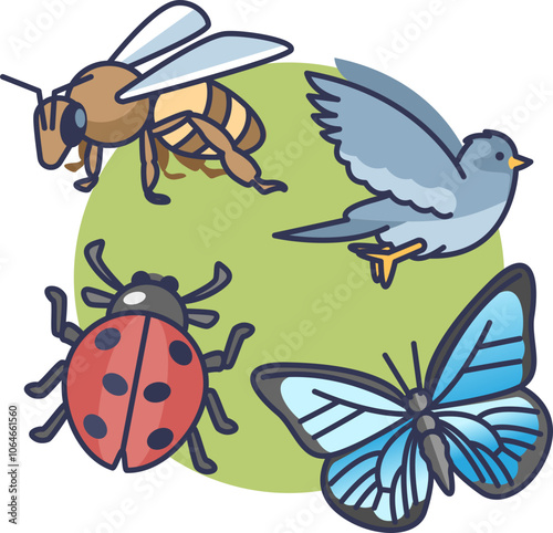 Illustration of bee, bird, ladybug, and butterfly symbolizing biodiversity.