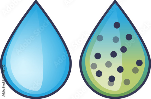 Two water droplets: one clean, one dirty, symbolizing water purity and pollution.