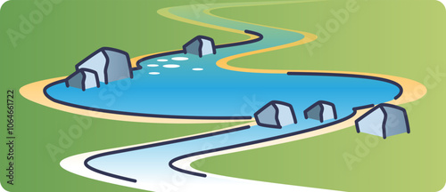 Illustration of a clean water ecosystem with a river, rocks, and greenery.