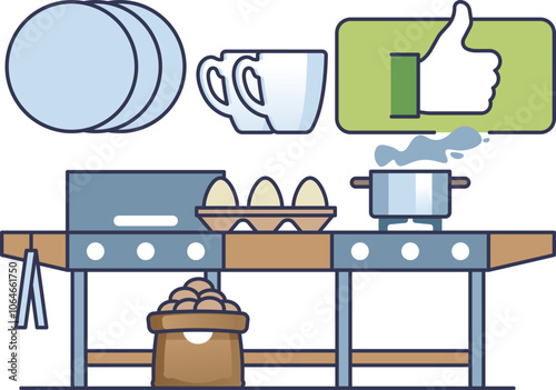 Illustration of a community kitchen with plates, cups, eggs, pot, and a thumbs-up symbolizing teamwork and shared meals.